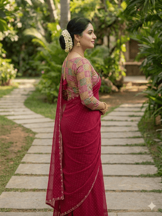 Women's Maroon Georgette Saree with Multicolored Geometric Blouse