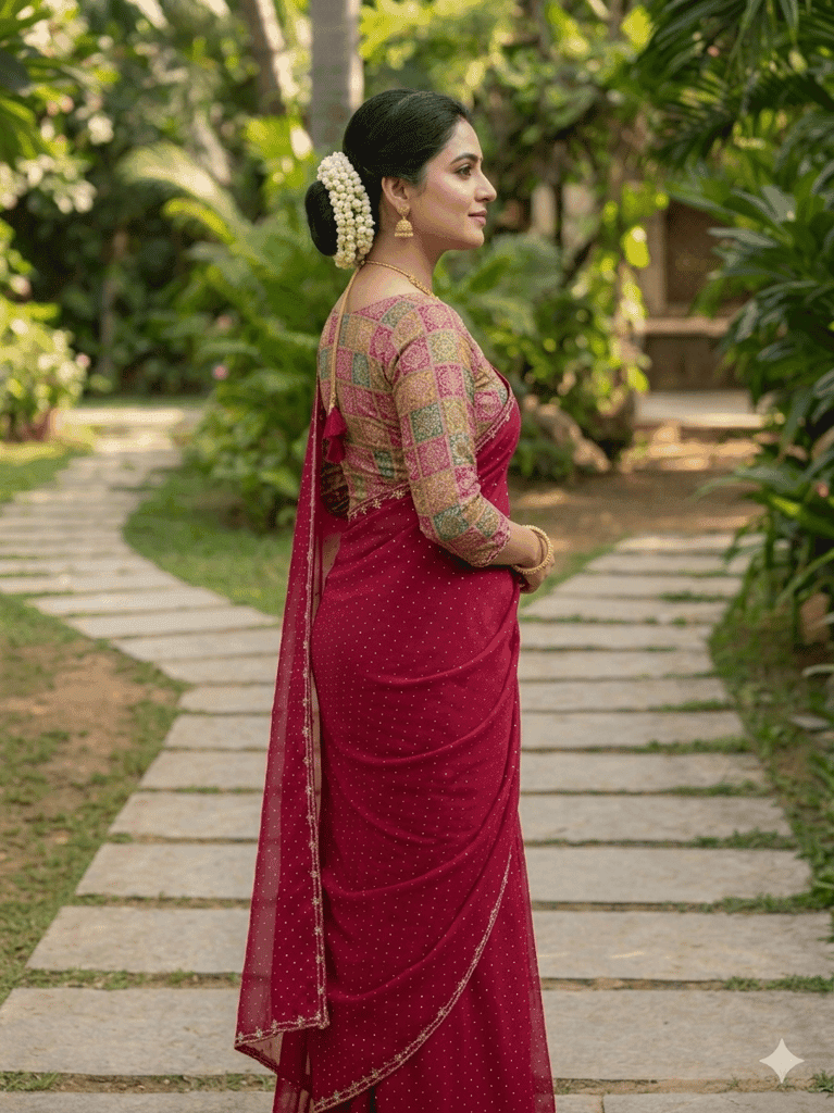 Women's Maroon Georgette Saree with Multicolored Geometric Blouse