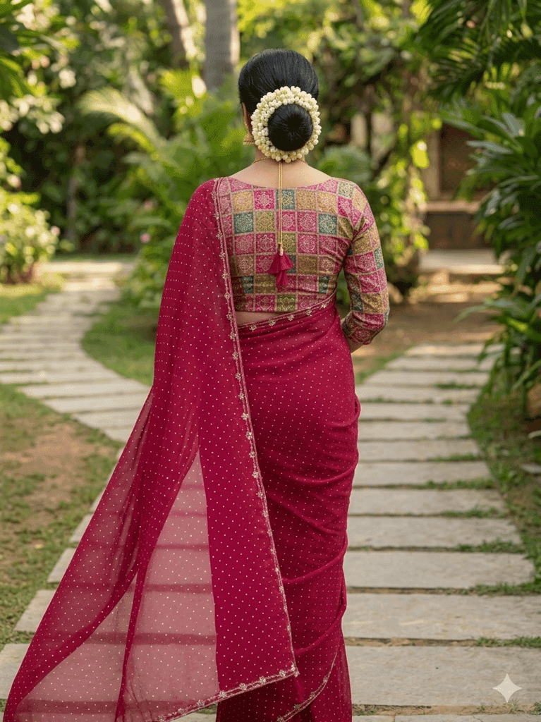 Women's Maroon Georgette Saree with Multicolored Geometric Blouse view 3