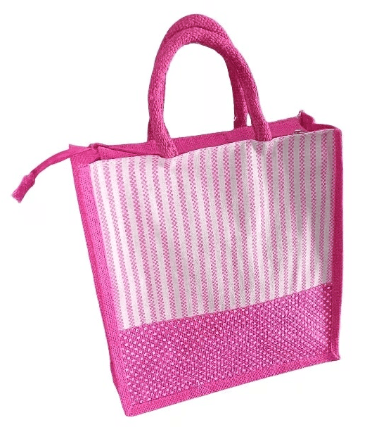 Pink Jute Tote Bag with Striped and Dotted Design view 2
