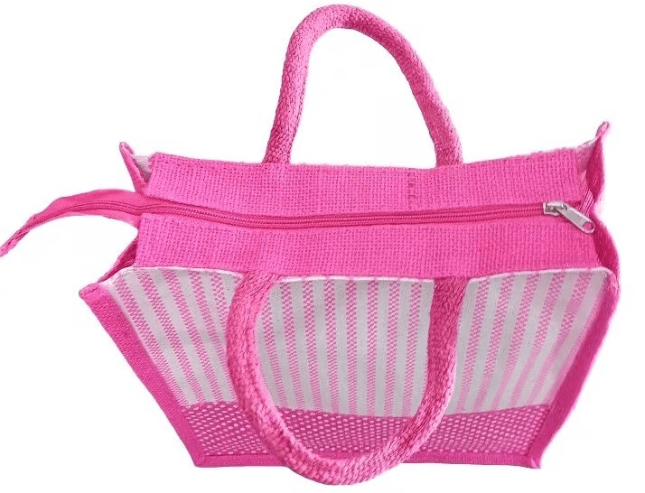 Pink Jute Tote Bag with Striped and Dotted Design view 3