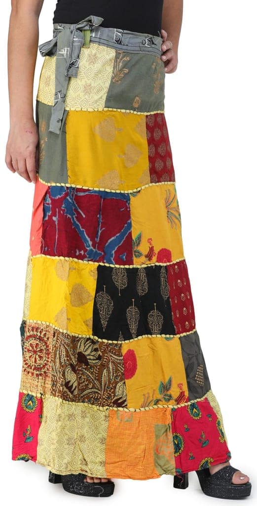 Yellow-Cream Printed Long Boho Wrap-On Long Skirt from Gujarat with Patch Work view 2