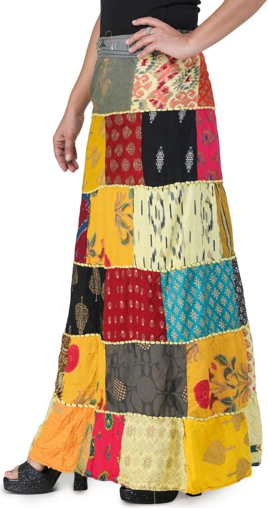 Yellow-Cream Printed Long Boho Wrap-On Long Skirt from Gujarat with Patch Work view 3