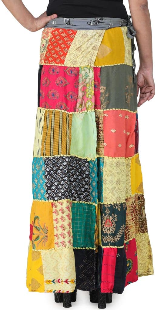 Yellow-Cream Printed Long Boho Wrap-On Long Skirt from Gujarat with Patch Work view 4