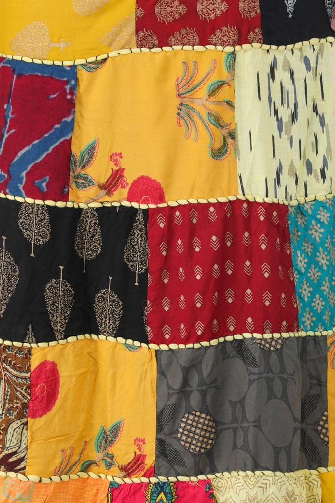 Yellow-Cream Printed Long Boho Wrap-On Long Skirt from Gujarat with Patch Work view 5