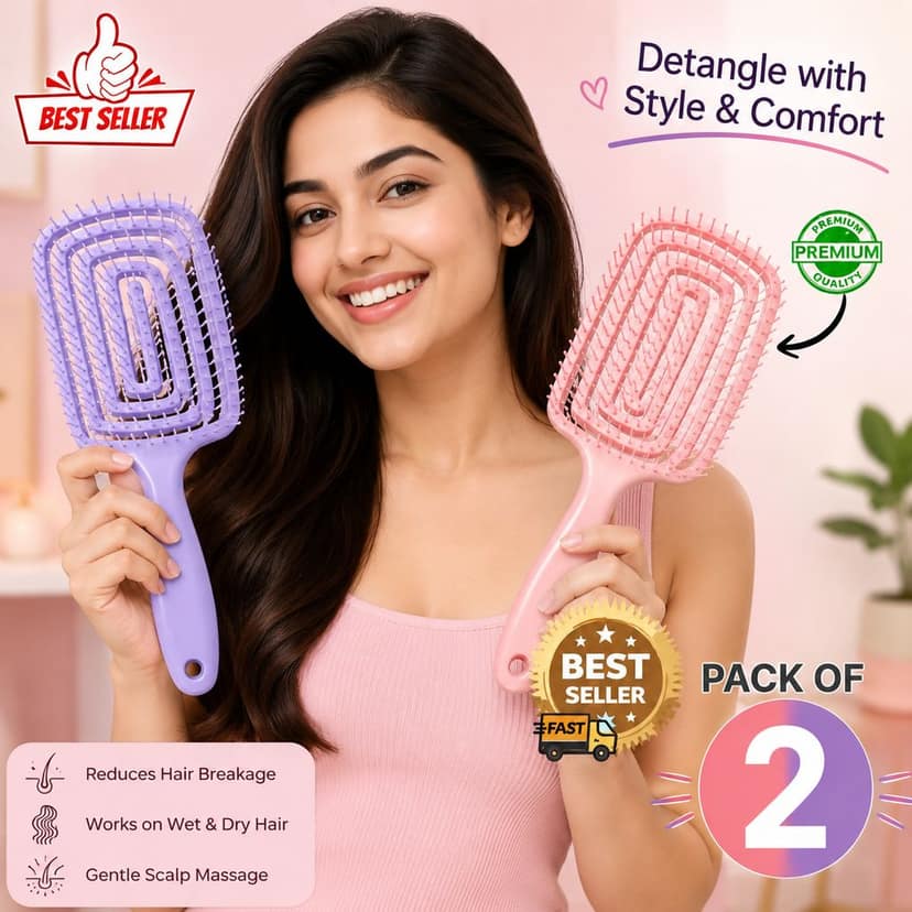 Pack of 2 Premium Detangling Hair Brush for Women & Men | Anti-Tangle Soft Bristle Hair Comb for Smooth & Frizz-Free Hair view 3