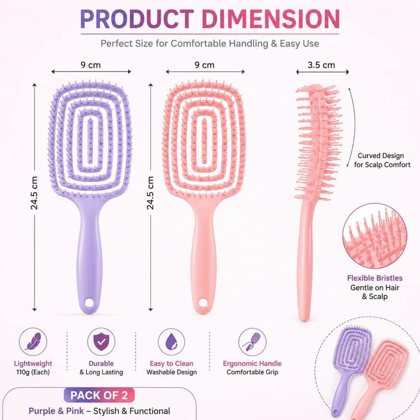 Pack of 2 Premium Detangling Hair Brush for Women & Men | Anti-Tangle Soft Bristle Hair Comb for Smooth & Frizz-Free Hair view 4