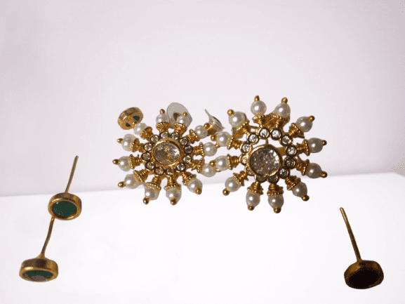 14KT Gold Plated Pearl and Green Stone Stud Earrings view 2