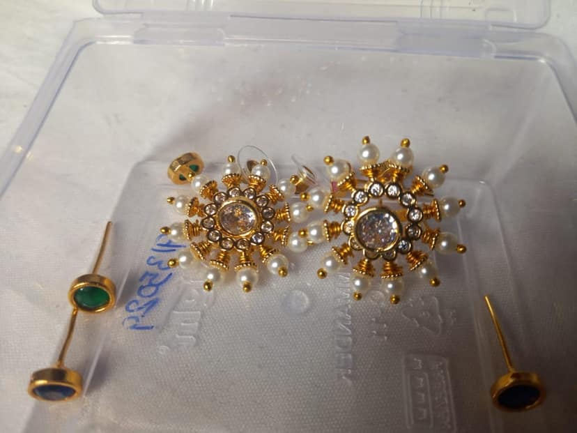 14KT Gold Plated Pearl and Green Stone Stud Earrings view 4