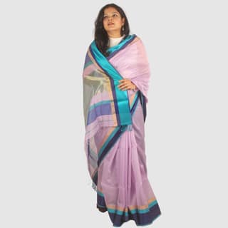 Elegant Lavender Teal Maheshwari Handloom Saree with Golden Border