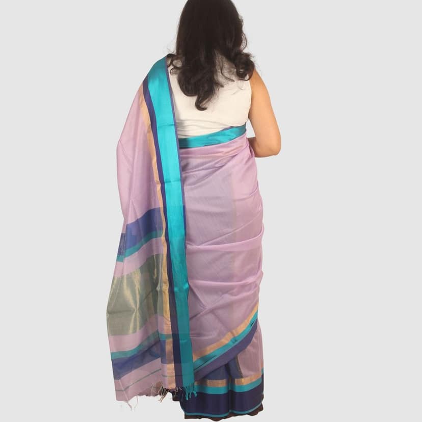 Elegant Lavender Teal Maheshwari Handloom Saree with Golden Border view 2