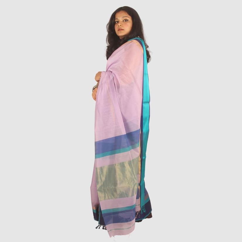 Elegant Lavender Teal Maheshwari Handloom Saree with Golden Border view 3