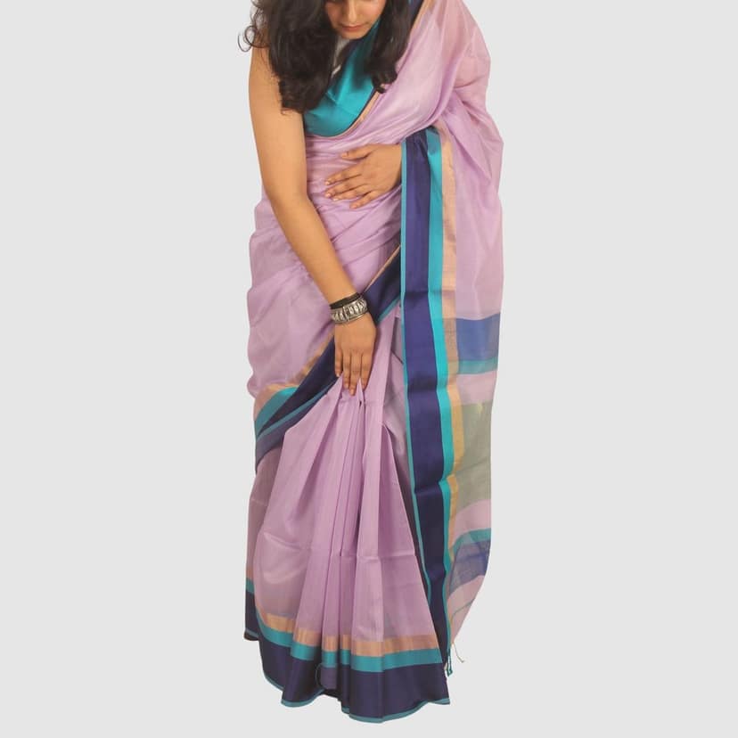 Elegant Lavender Teal Maheshwari Handloom Saree with Golden Border view 4