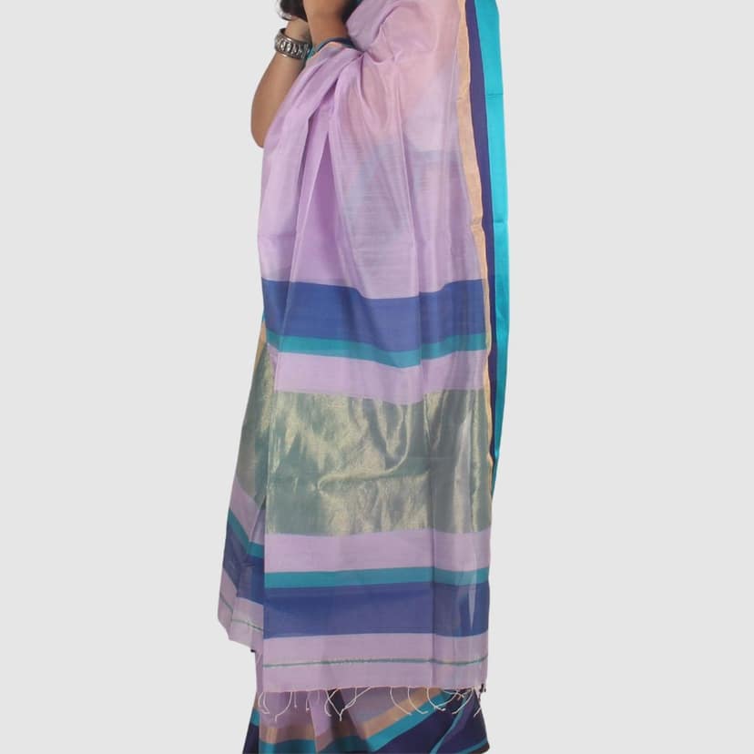 Elegant Lavender Teal Maheshwari Handloom Saree with Golden Border view 5