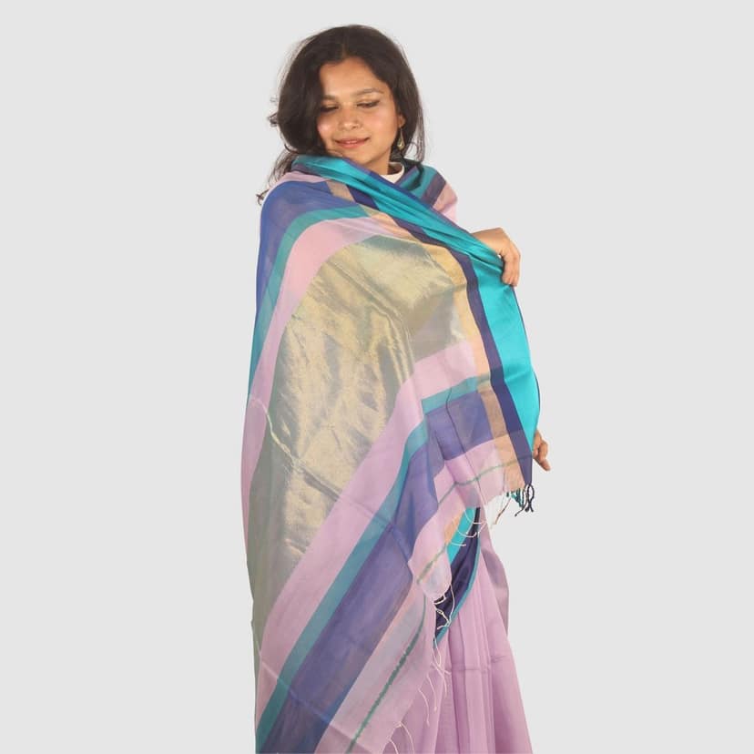 Elegant Lavender Teal Maheshwari Handloom Saree with Golden Border view 6