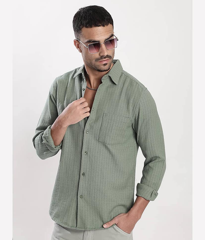Bene Kleed Poly Cotton Regular Fit Self Design Full Sleeves Men's Casual Shirt - Green ( Pack of 1 ) view 6