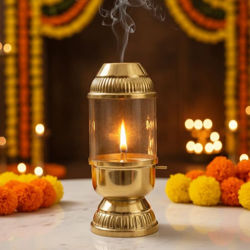 Brass & Glass Deepak With Chimney | Windproof Oil Lamp For Mandir, Height : 8 Inch (ZMAS647 D)