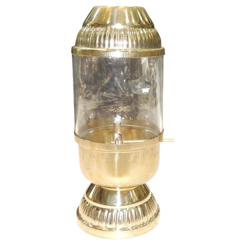 Brass & Glass Deepak With Chimney | Windproof Oil Lamp For Mandir, Height : 8 Inch (ZMAS647 D) view 2