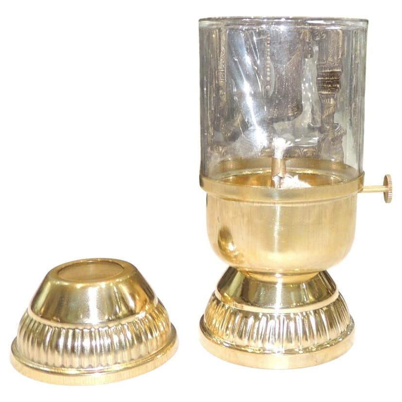 Brass & Glass Deepak With Chimney | Windproof Oil Lamp For Mandir, Height : 8 Inch (ZMAS647 D) view 3