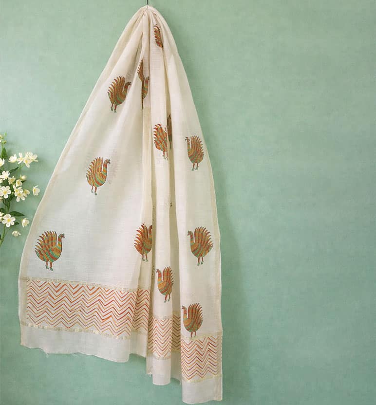 Block Printed Chanderi Stole – Tribal Bird Motif
