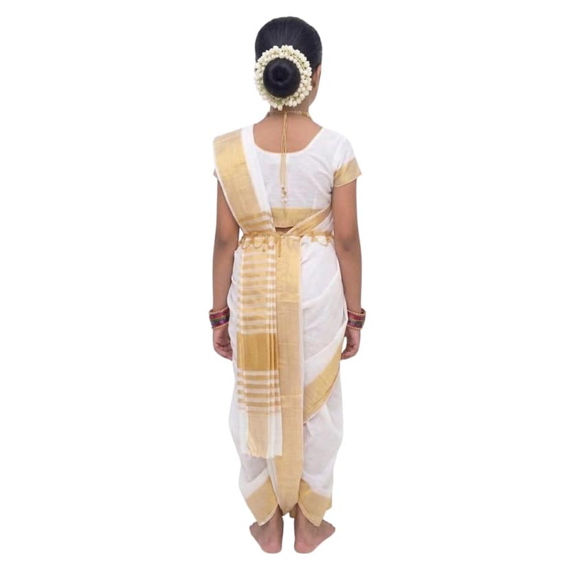 Mom and Me Girls' Ready-to-Wear Mastani Nauvari Saree with Stitched Blouse| Soft Acrylic Cotton | White with Gold Border | Ages 1 to 15 Years (White, 2-3 Years) view 2