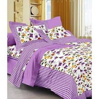 Cotton Floral Print 120 TC Double Bed Sheet With 2 Pillow Covers - (82 Inch X 92 Inch, Purple)