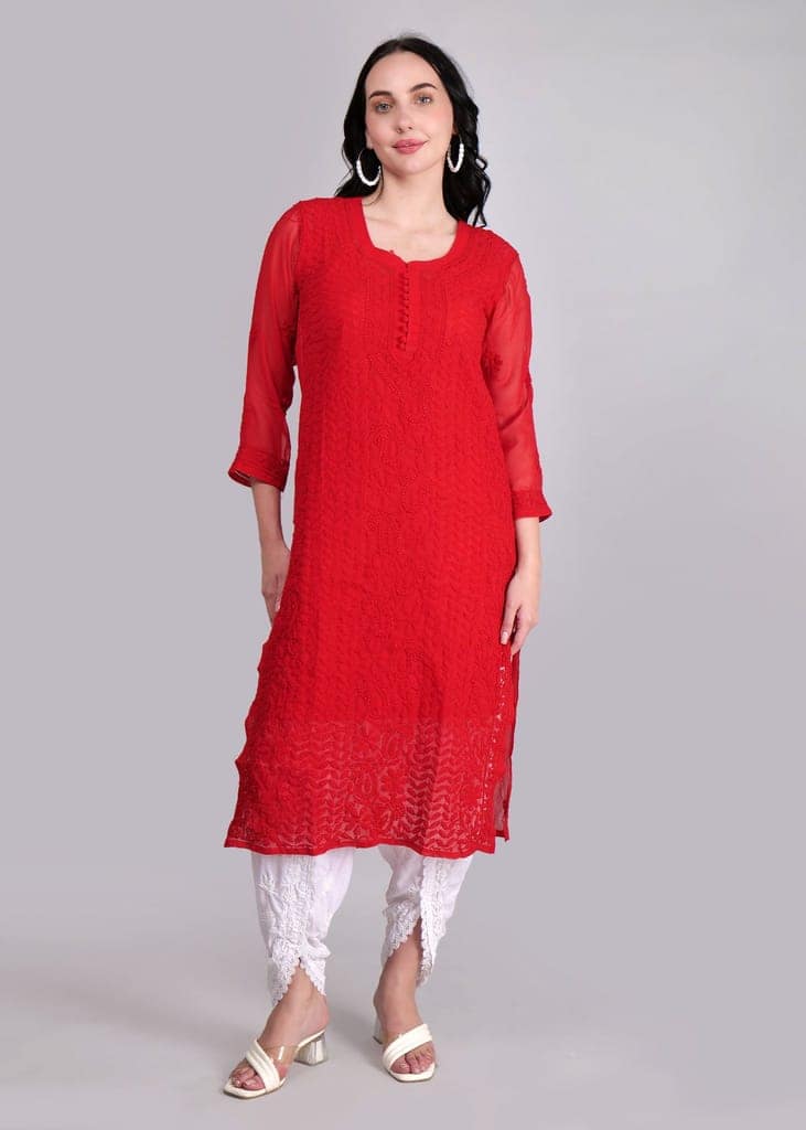 Geogette Hand Embroidered Calf length Chikankari Red Kurta view 5