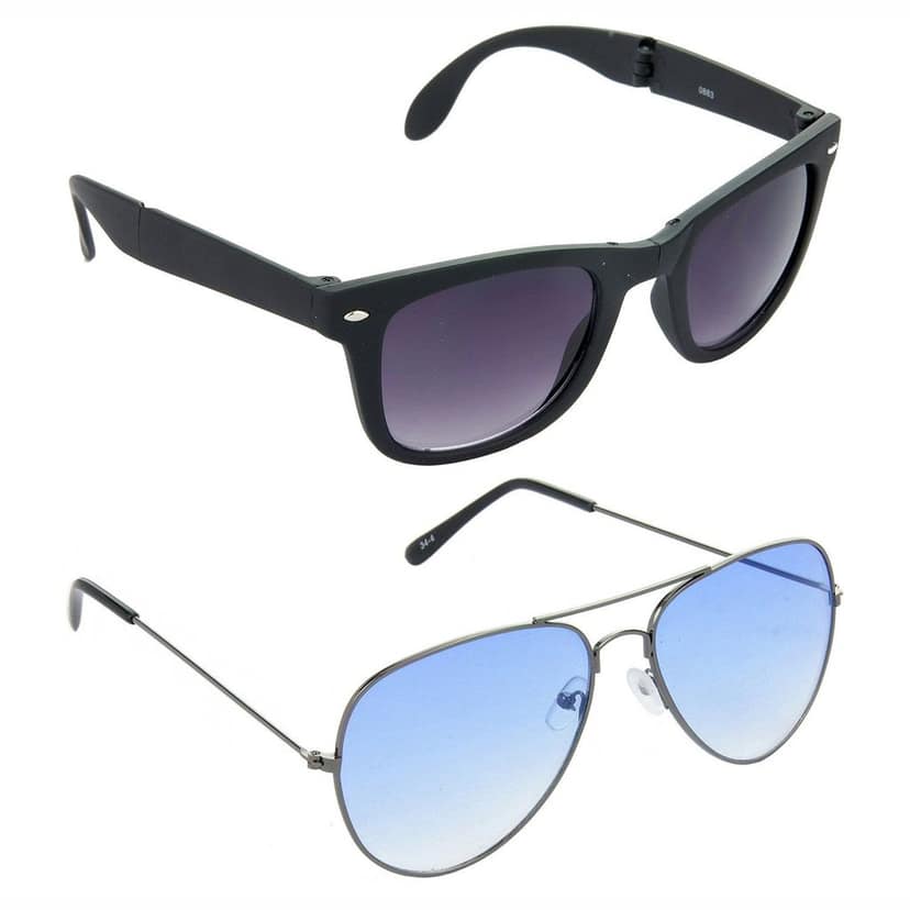 HRINKAR Men Women Boys & Girls Pilot Sunglasses Black & Grey Frame, Grey & Blue Lens (Medium) Pack of - 2