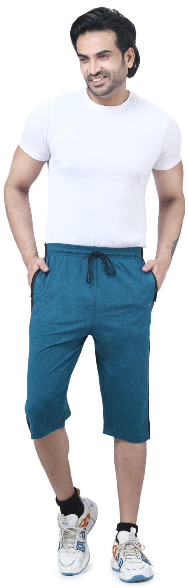 I Bulls, Designer Self Design Hosiery Cotton Regular Fit Three Quarters/Three Fourths/Three by Fourth /3/4 / Capri for Men- Casual/Sports Wear with Zip Lock Pockets view 5