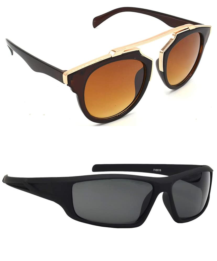 Hrinkar Unisex Wrap-around Sunglasses Golden & Black Frame, Brown & Grey Lens (Medium) - Pack of 2