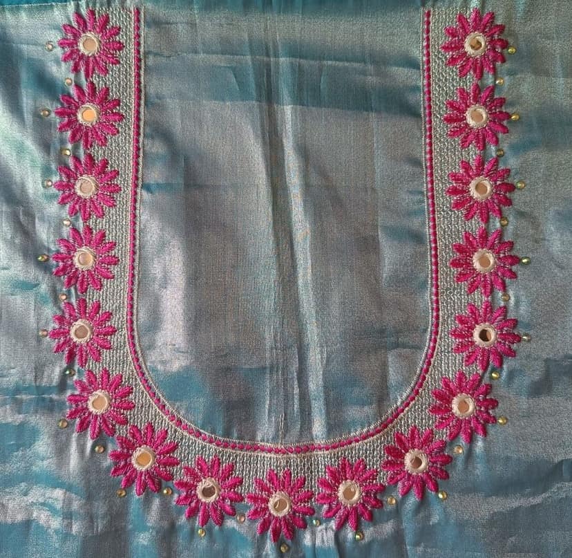 Buy Online Pink Floral Embroidery Work Blouse Design With Round Neck For Women