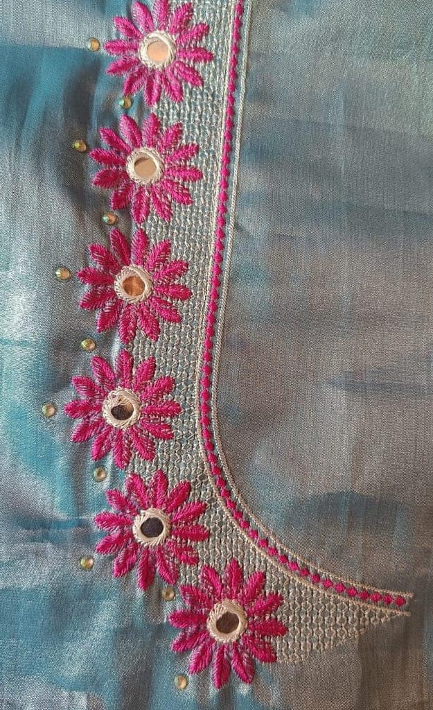 Buy Online Pink Floral Embroidery Work Blouse Design With Round Neck For Women view 3