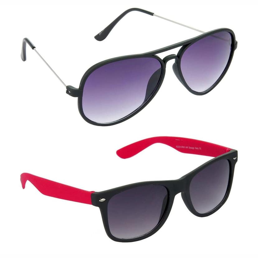 HRINKAR Men Women Boys & Girls Pilot & Rectangular Sunglasses Black & Red Frame, Violet & Grey Lens (Medium) Pack of - 2