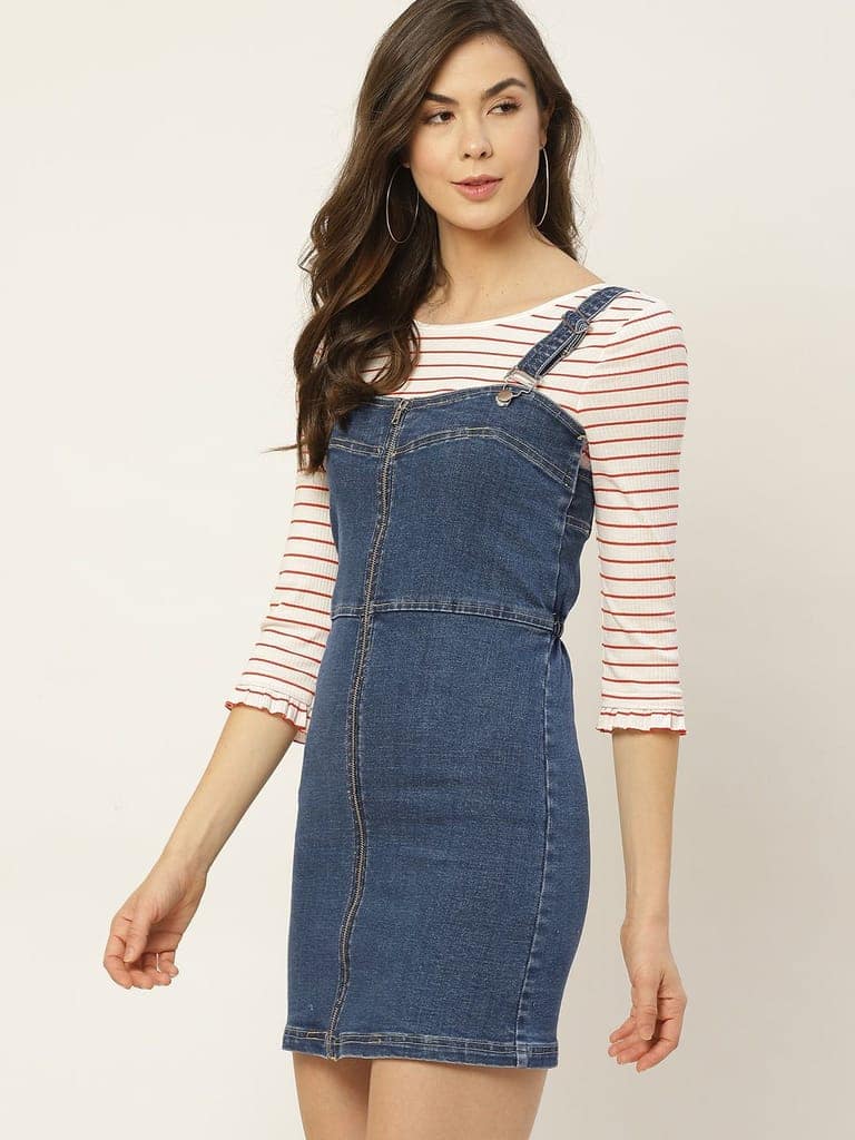 Women Blue Solid Pinafore Dress view 3