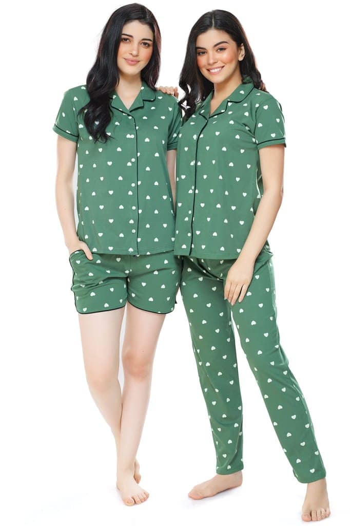 ZEYO Women's Cotton 3PCS Green Heart Printed Night suit set