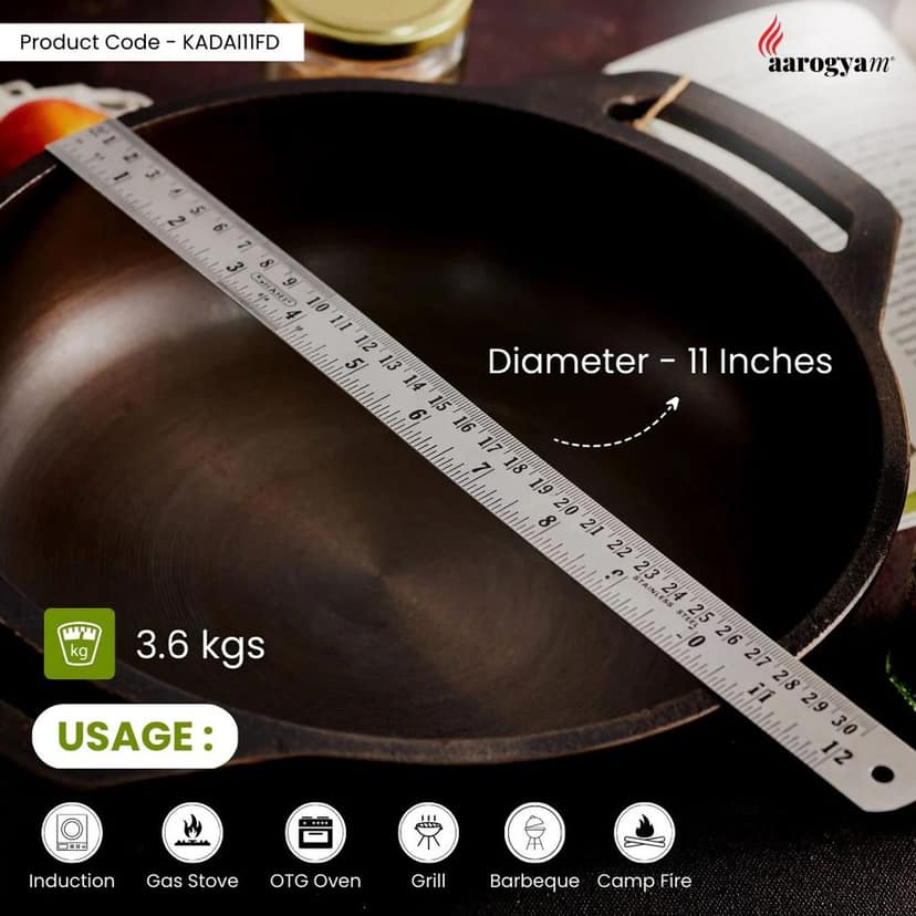 Aarogyam 11 Inch Induction Friendly Pre-seasoned Cast Iron Flat Kadai, Naturally Nonstick, Induction Friendly view 2