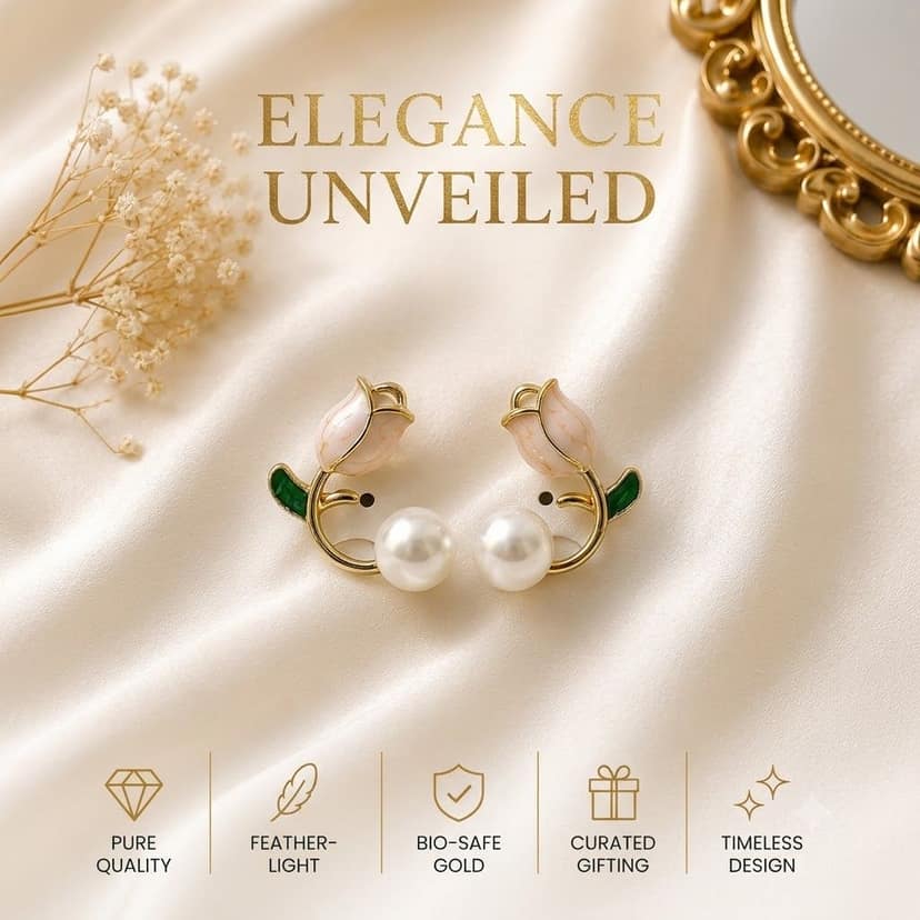 Designer Pearl Stud Earrings for Women & Girls | Floral Rose & Tulip Leaf Gold Plated Earrings | Korean Style Lightweight Fashion Jewellery | Daily Wear, Party Wear, Gift Set view 3