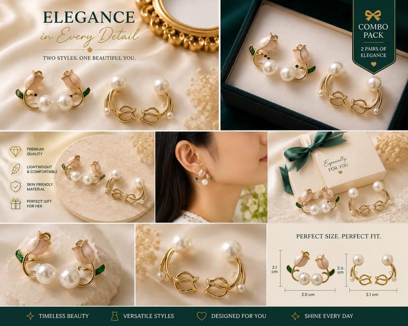 Designer Pearl Stud Earrings for Women & Girls | Floral Rose & Tulip Leaf Gold Plated Earrings | Korean Style Lightweight Fashion Jewellery | Daily Wear, Party Wear, Gift Set view 4