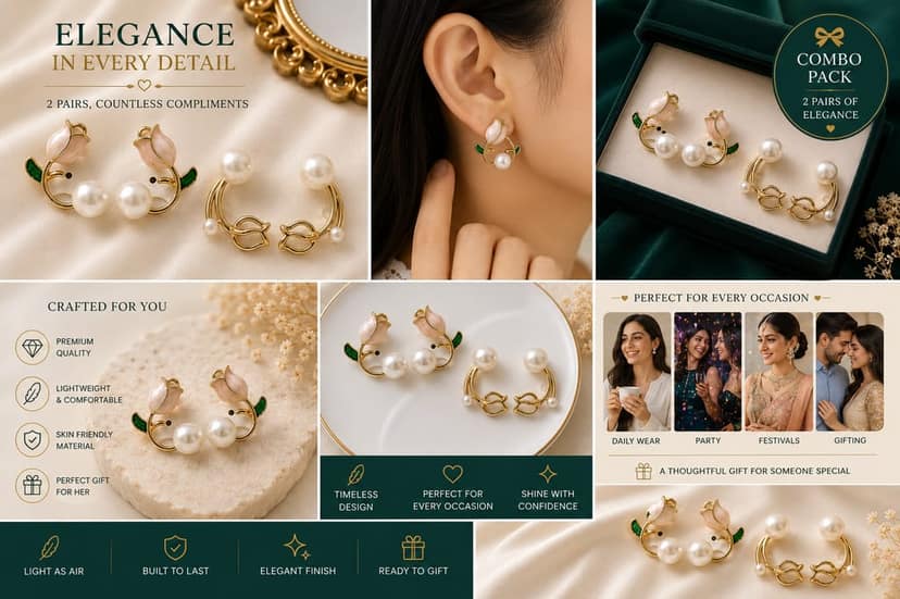 Designer Pearl Stud Earrings for Women & Girls | Floral Rose & Tulip Leaf Gold Plated Earrings | Korean Style Lightweight Fashion Jewellery | Daily Wear, Party Wear, Gift Set view 5
