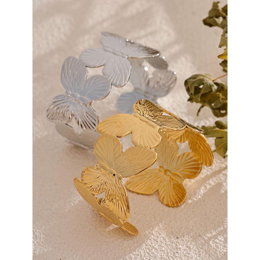 Jewelryklub Butterfly Pattern Gold Plated Bracelet Adjustable Opening Stainless Steel Bracelet For Women Girls view 2