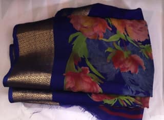 Blue Floral Saree with Golden Border