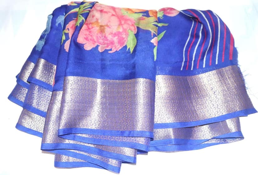 Blue Floral Saree with Golden Border view 2