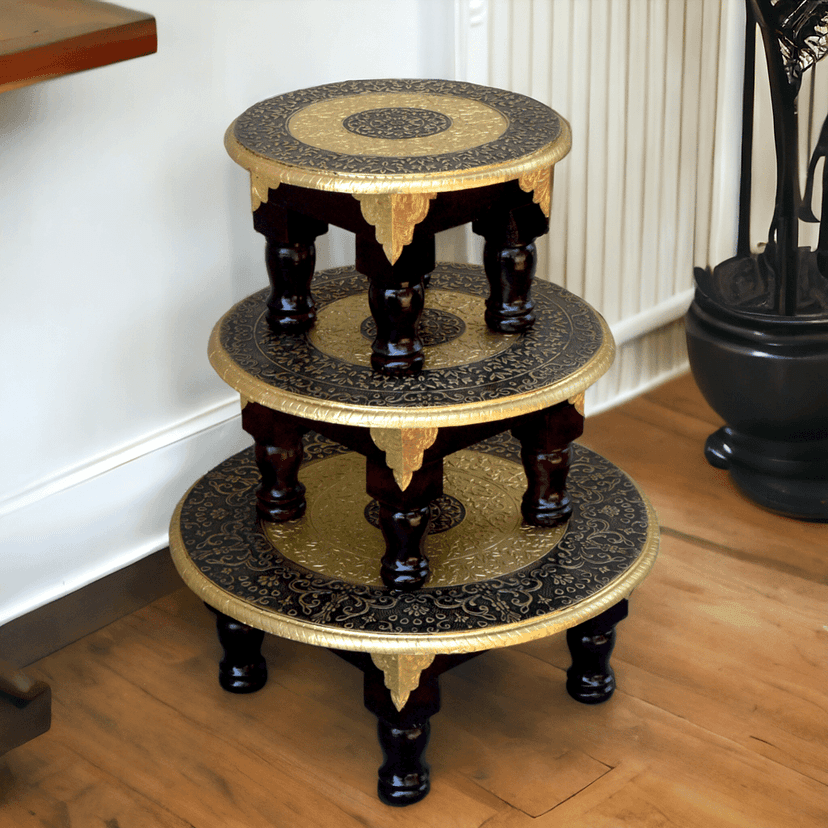 Pooja chowki / round shape / brass fited / set of 3 stool / bajot / round bajot / ( set of 3 pcs)
