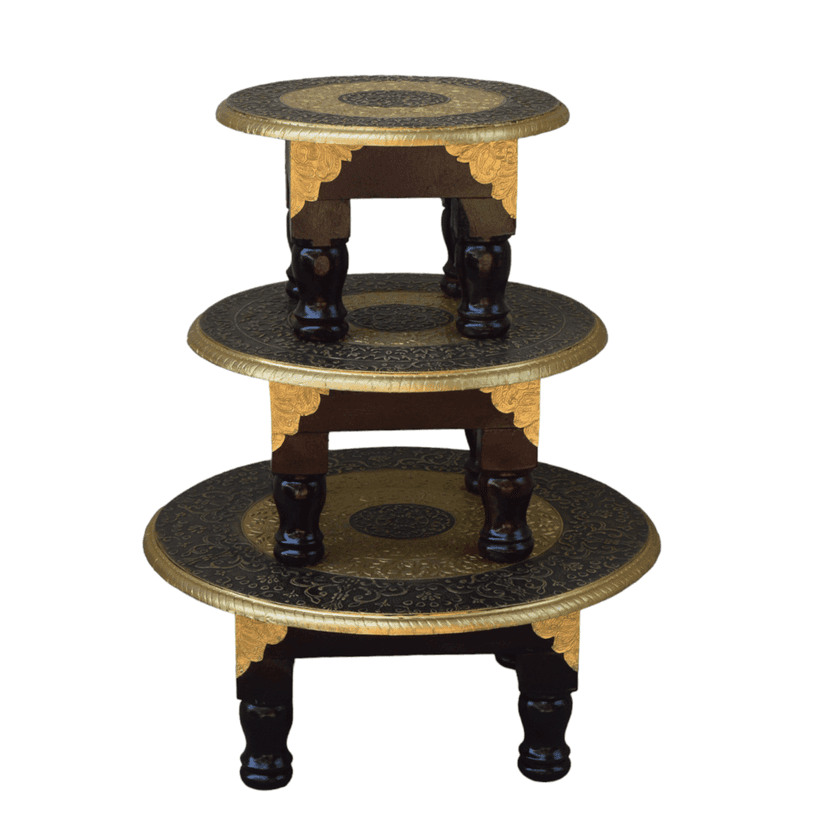 Pooja chowki / round shape / brass fited / set of 3 stool / bajot / round bajot / ( set of 3 pcs) view 2