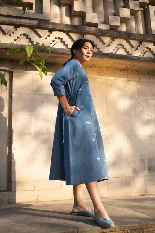 Akriti Blue Handwoven Extra-Weft V neck Dress
