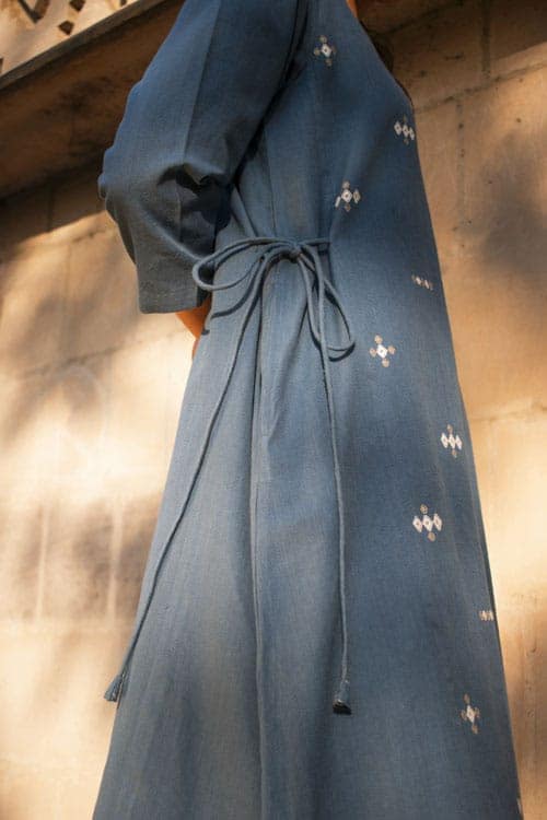 Akriti Blue Handwoven Extra-Weft V neck Dress view 3