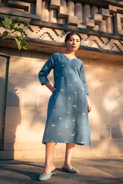 Akriti Blue Handwoven Extra-Weft V neck Dress view 5