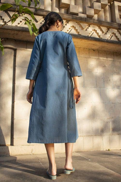 Akriti Blue Handwoven Extra-Weft V neck Dress view 6