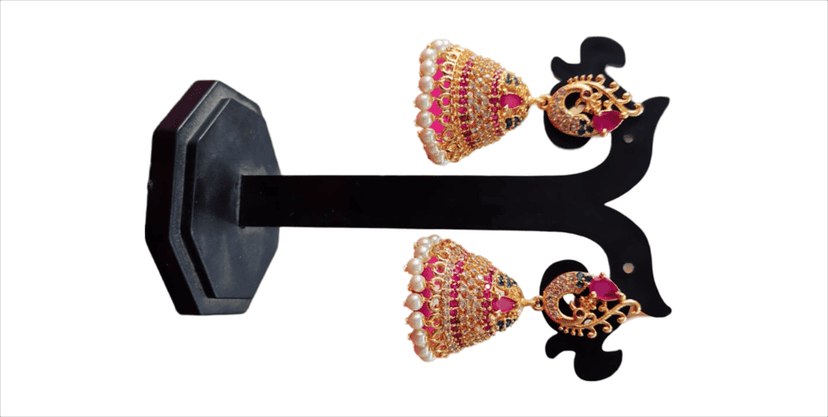 Stunning Pink Peacock Jhumka Earrings with Pearls and Kundan view 2