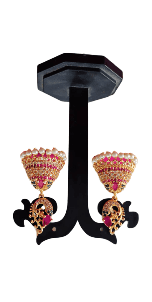 Stunning Pink Peacock Jhumka Earrings with Pearls and Kundan view 3